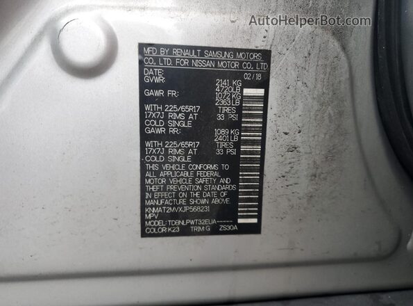 KNMAT2MVXJP568231 2018 NISSAN ROGUE Silver Vista de la etiqueta del VIN