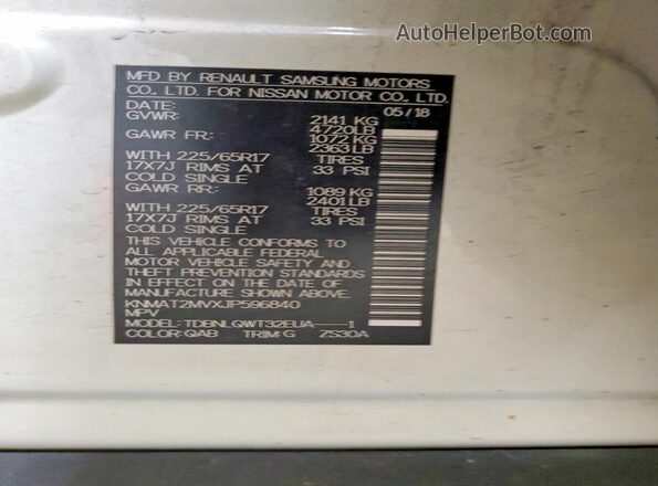 KNMAT2MVXJP596840 2018 NISSAN ROGUE White ძრავის განყოფილების ხედი