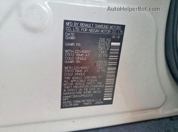 KNMAT2MVXJP602202 2018 NISSAN ROGUE White Widok naklejki z numerem VIN