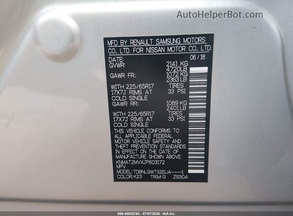 KNMAT2MVXJP603172 2018 NISSAN ROGUE Silver ძრავის განყოფილების ხედი