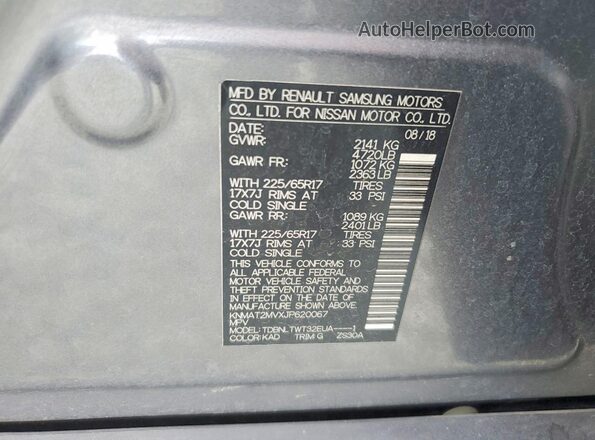 KNMAT2MVXJP620067 2018 NISSAN ROGUE Gray VIN կոդի պիտակի տեսք