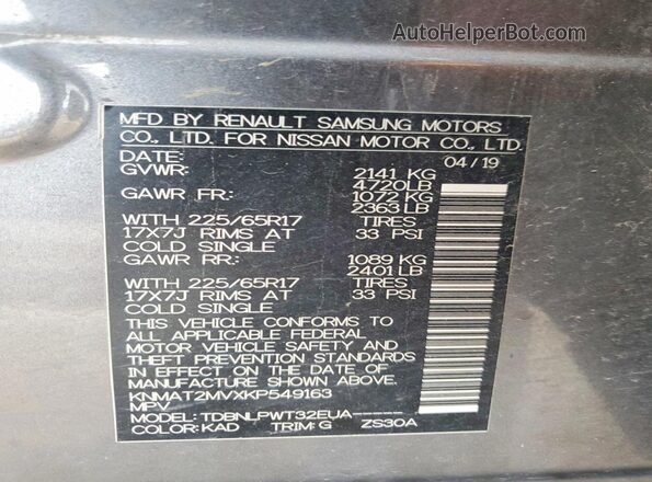 KNMAT2MVXKP549163 2019 NISSAN ROGUE Charcoal Vista del compartimento del motor