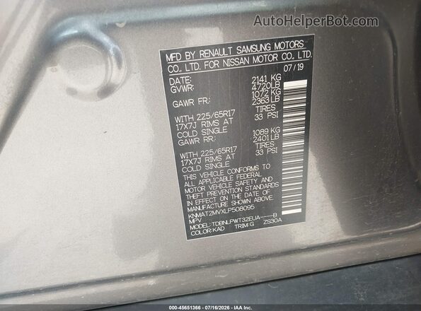 KNMAT2MVXLP508095 2020 NISSAN ROGUE Gray Widok komory silnika