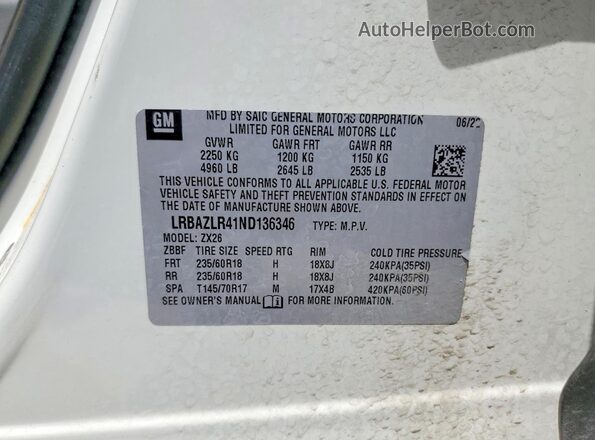 LRBAZLR41ND136346 2022 BUICK ENVISION White Սալոնի 360 աստիճան տեսք