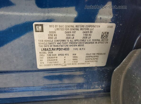 LRBAZLR41PD014833 2023 BUICK ENVISION Blue Widok naklejki z numerem VIN