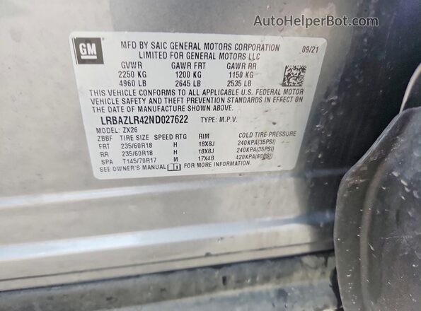 LRBAZLR42ND027622 2022 BUICK ENVISION Gray სალონის 360-გრადუსიანი ხედი