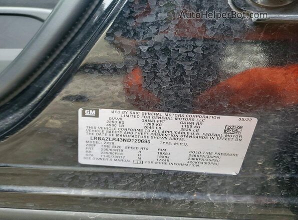 LRBAZLR43ND129690 2022 BUICK ENVISION Черный Вид наклейки с VIN-кодом