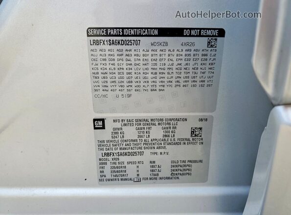 LRBFX1SA6KD025707 2019 BUICK ENVISION Silver VIN sticker view