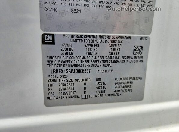 LRBFX1SA8JD006557 2018 BUICK ENVISION White VIN կոդի պիտակի տեսք