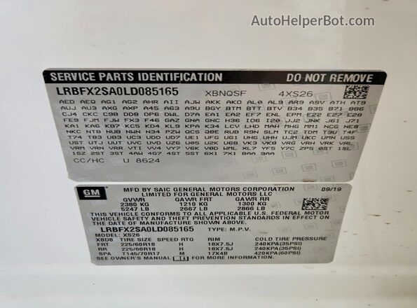 LRBFX2SA0LD085165 2020 BUICK ENVISION White VIN կոդի պիտակի տեսք