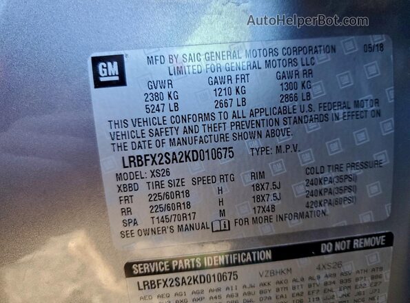 LRBFX2SA2KD010675 2019 BUICK ENVISION Gray Vista de la etiqueta del VIN