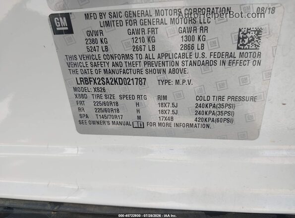 LRBFX2SA2KD021787 2019 BUICK ENVISION White ძრავის განყოფილების ხედი