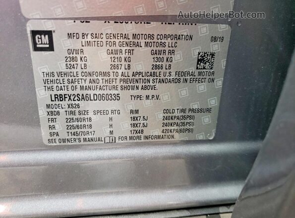 LRBFX2SA6LD060335 2020 BUICK ENVISION Gray VIN sticker view