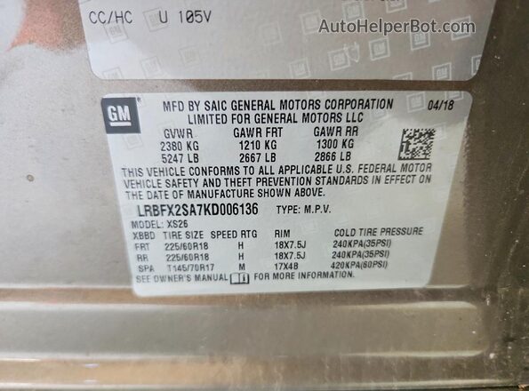 LRBFX2SA7KD006136 2019 BUICK ENVISION Brown Widok naklejki z numerem VIN