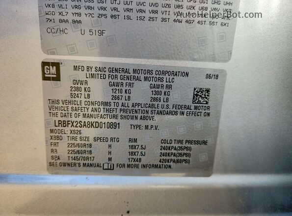 LRBFX2SA8KD010891 2019 BUICK ENVISION Silver Вид наклейки з VIN-кодом