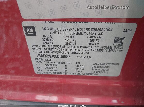 LRBFX2SA8LD059848 2020 BUICK ENVISION Red Vista del compartimento del motor