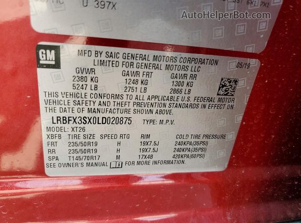 LRBFX3SX0LD020875 2020 BUICK ENVISION Red VIN sticker view