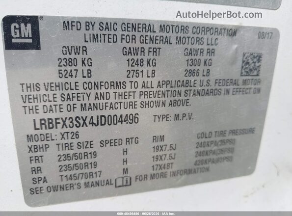 LRBFX3SX4JD004496 2018 BUICK ENVISION White Widok komory silnika