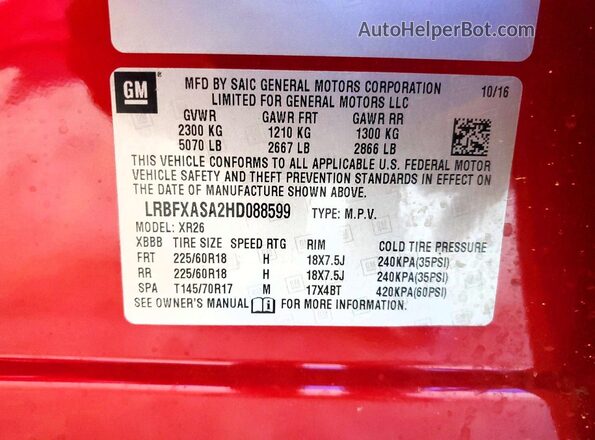 LRBFXASA2HD088599 2017 BUICK ENVISION Red Widok naklejki z numerem VIN