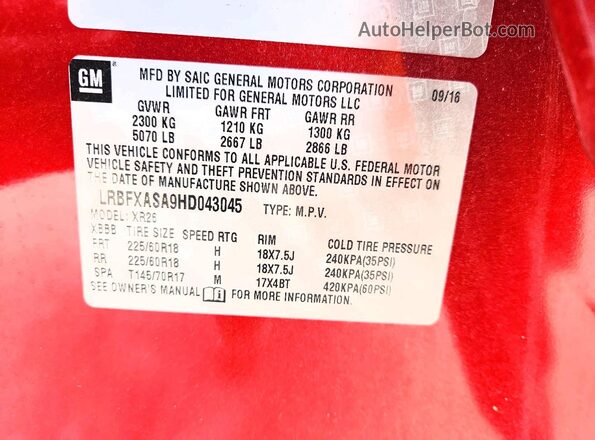 LRBFXASA9HD043045 2017 BUICK ENVISION Red VIN კოდის სტიკერის ხედი