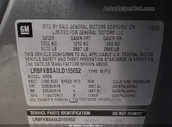 LRBFXBSA0LD155652 2020 BUICK ENVISION Gray Widok komory silnika