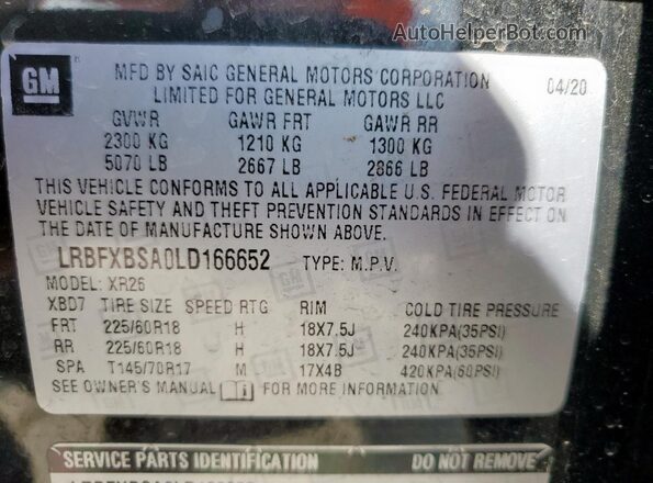 LRBFXBSA0LD166652 2020 BUICK ENVISION Black Вид наклейки з VIN-кодом