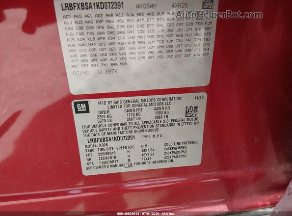 LRBFXBSA1KD072391 2019 BUICK ENVISION Red Engine compartment view