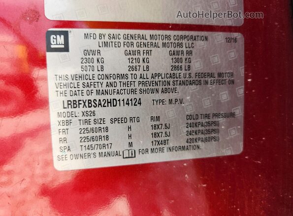 LRBFXBSA2HD114124 2017 BUICK ENVISION Maroon Вид підкапотного простору
