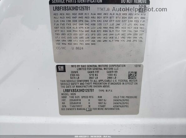 LRBFXBSA3HD129781 2017 BUICK ENVISION White Вид підкапотного простору