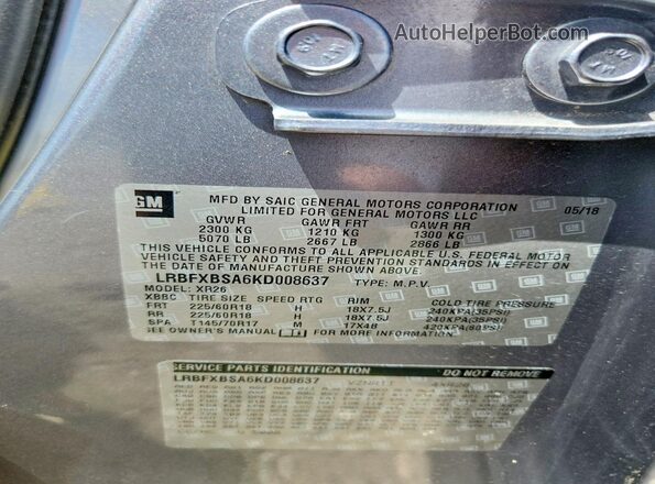 LRBFXBSA6KD008637 2019 BUICK ENVISION Silver Widok naklejki z numerem VIN