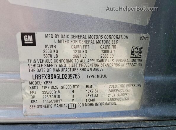 LRBFXBSA6LD209763 2020 BUICK ENVISION Gray VIN sticker view
