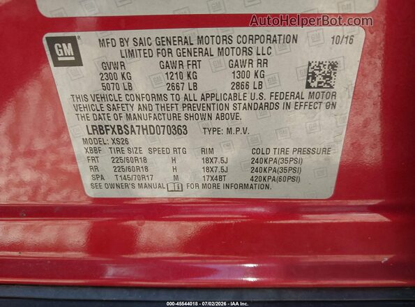 LRBFXBSA7HD070363 2017 BUICK ENVISION Red ძრავის განყოფილების ხედი