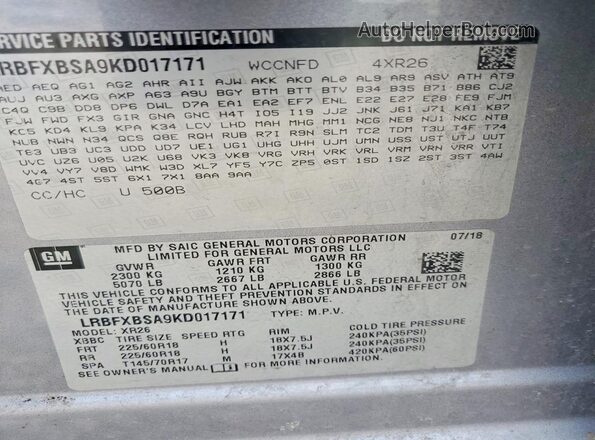 LRBFXBSA9KD017171 2019 BUICK ENVISION Gray Вид наклейки з VIN-кодом