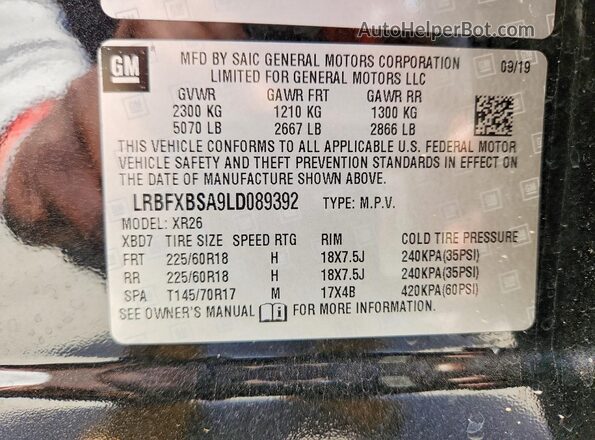 LRBFXBSA9LD089392 2020 BUICK ENVISION Black Вид наклейки з VIN-кодом
