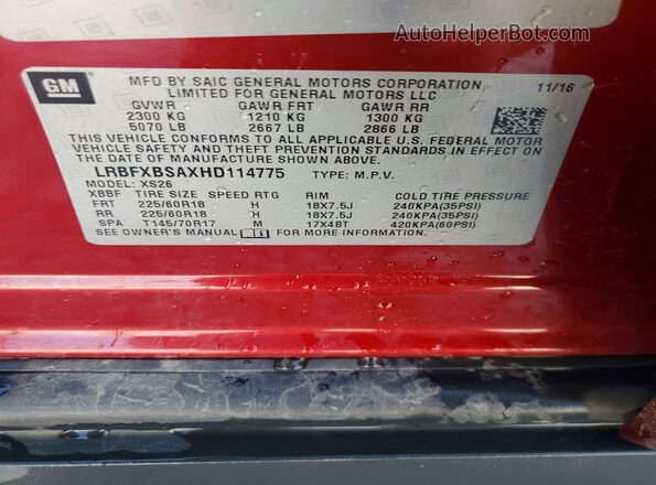 LRBFXBSAXHD114775 2017 BUICK ENVISION Red VIN կոդի պիտակի տեսք