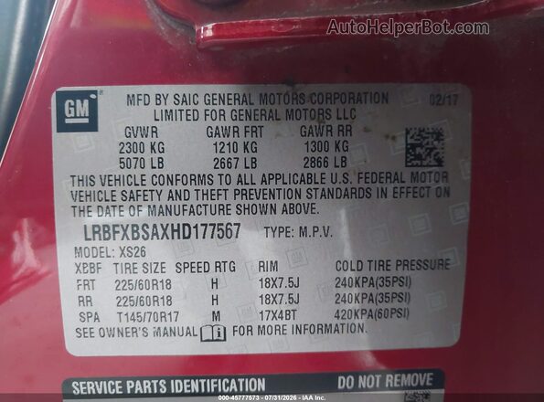 LRBFXBSAXHD177567 2017 BUICK ENVISION Red Շարժիչի բաժամունքի տեսք