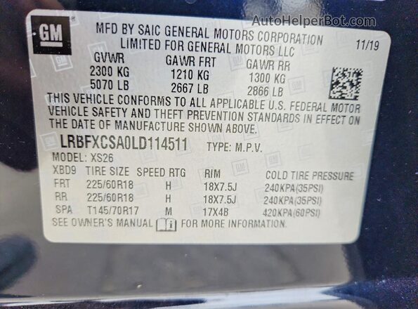 LRBFXCSA0LD114511 2020 BUICK ENVISION Blue VIN կոդի պիտակի տեսք