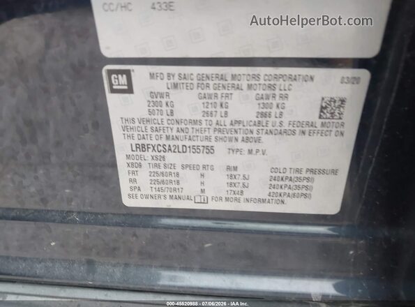 LRBFXCSA2LD155755 2020 BUICK ENVISION Black Շարժիչի բաժամունքի տեսք