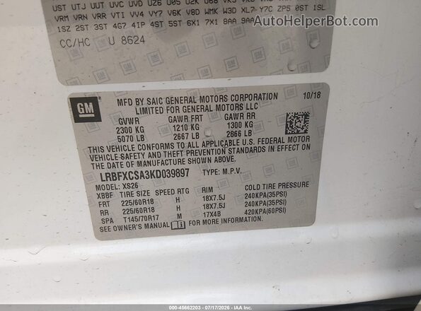 LRBFXCSA3KD039897 2019 BUICK ENVISION Белый Вид подкапотного пространства