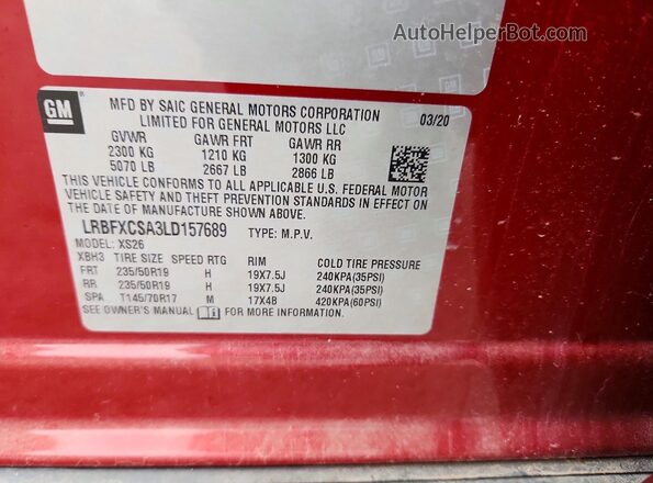 LRBFXCSA3LD157689 2020 BUICK ENVISION Red VIN կոդի պիտակի տեսք