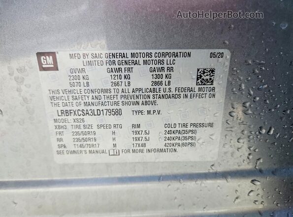 LRBFXCSA3LD179580 2020 BUICK ENVISION Gray Vista de la etiqueta del VIN