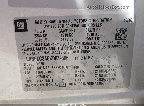 LRBFXCSA5KD039366 2019 BUICK ENVISION Silver Vista del compartimento del motor