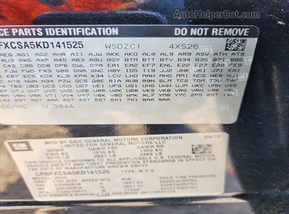 LRBFXCSA5KD141525 2019 BUICK ENVISION Черный Вид наклейки с VIN-кодом