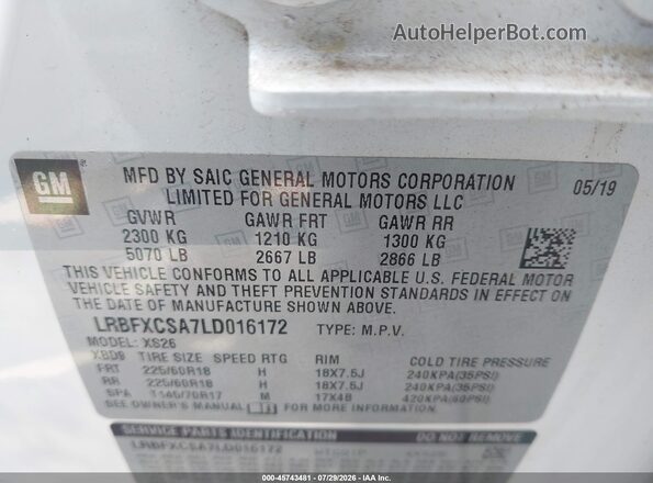 LRBFXCSA7LD016172 2020 BUICK ENVISION White ძრავის განყოფილების ხედი