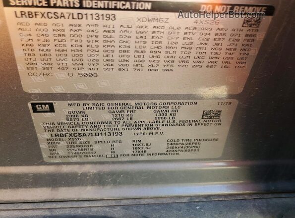 LRBFXCSA7LD113193 2020 BUICK ENVISION Gray VIN sticker view