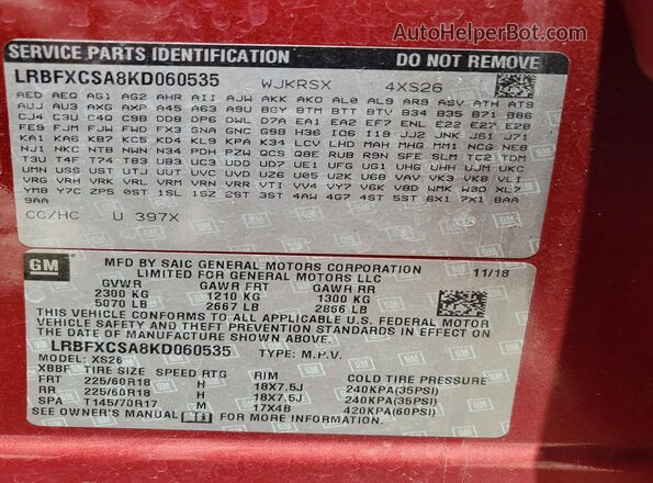 LRBFXCSA8KD060535 2019 BUICK ENVISION Red Вид наклейки з VIN-кодом