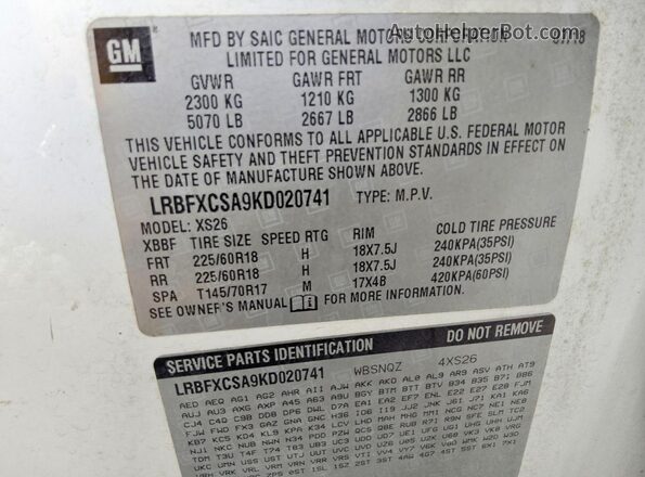 LRBFXCSA9KD020741 2019 BUICK ENVISION White Widok naklejki z numerem VIN