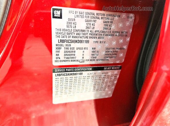 LRBFXCSA9KD061189 2019 BUICK ENVISION Red VIN կոդի պիտակի տեսք