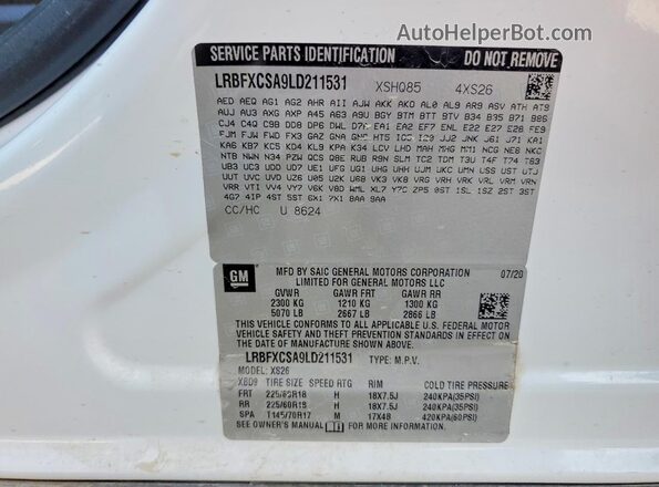 LRBFXCSA9LD211531 2020 BUICK ENVISION White Вид наклейки з VIN-кодом