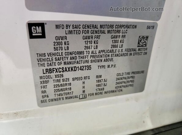 LRBFXCSAXKD142735 2019 BUICK ENVISION White VIN sticker view